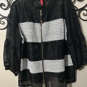 Women’s Black & White Mesh Zip Bomber Jacket